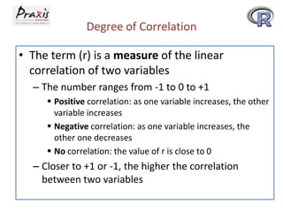 Degree of Correlation
• The term (r) is a measure of the linear
correlation of two variables
– The number ranges from -1 to 0 to +1
 Positive correlation: as one variable increases, the other
variable increases
 Negative correlation: as one variable increases, the
other one decreases
 No correlation: the value of r is close to 0

– Closer to +1 or -1, the higher the correlation
between two variables

 