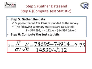 Step 5 (Gather Data) and
Step 6 (Compute Test Statistic)

z

X
78695 74914 2.75
/ n 14530 / 112

 
