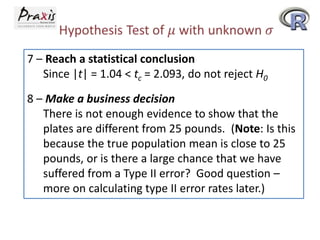 7 – Reach a statistical conclusion
Since |t| = 1.04 < tc = 2.093, do not reject H0
8 – Make a business decision
There is not enough evidence to show that the
plates are different from 25 pounds. (Note: Is this
because the true population mean is close to 25
pounds, or is there a large chance that we have
suffered from a Type II error? Good question –
more on calculating type II error rates later.)

 