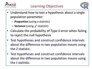 Learning Objectives
• Understand how to test a hypothesis about a single
population parameter:
– Proportion (using z-statistic)
– Variance (using c2-statistic)

• Calculate the probability of Type II error when failing
to reject the null hypothesis
• Test hypotheses and construct confidence intervals
about the difference in two population means using
the Z statistic.
• Test hypotheses and construct confidence intervals
about the difference in two population means using
the t statistic.

 