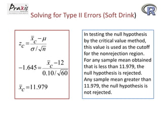 Solving for Type II Errors (Soft Drink)
xc  
zc 
/ n
xc 12
1.645 
0.10 / 60
xc 11.979

In testing the null hypothesis
by the critical value method,
this value is used as the cutoff
for the nonrejection region.
For any sample mean obtained
that is less than 11.979, the
null hypothesis is rejected.
Any sample mean greater than
11.979, the null hypothesis is
not rejected.

 