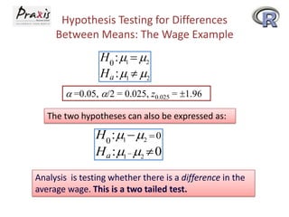 Hypothesis Testing for Differences
Between Means: The Wage Example

H 0 : 1  2
H a : 1  2
a =0.05, a/2 = 0.025, z0.025 = 1.96
The two hypotheses can also be expressed as:

H0 : 1  2  0
H a : 1  2  0
Analysis is testing whether there is a difference in the
average wage. This is a two tailed test.

 