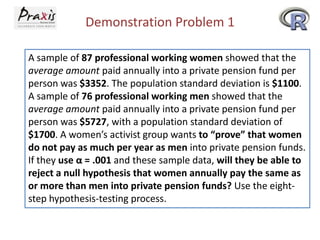 Demonstration Problem 1
A sample of 87 professional working women showed that the
average amount paid annually into a private pension fund per
person was $3352. The population standard deviation is $1100.
A sample of 76 professional working men showed that the
average amount paid annually into a private pension fund per
person was $5727, with a population standard deviation of
$1700. A women’s activist group wants to “prove” that women
do not pay as much per year as men into private pension funds.
If they use α = .001 and these sample data, will they be able to
reject a null hypothesis that women annually pay the same as
or more than men into private pension funds? Use the eightstep hypothesis-testing process.

 