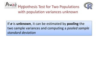 Hypothesis Test for Two Populations
with population variances unknown
If σ is unknown, it can be estimated by pooling the
two sample variances and computing a pooled sample
standard deviation

 