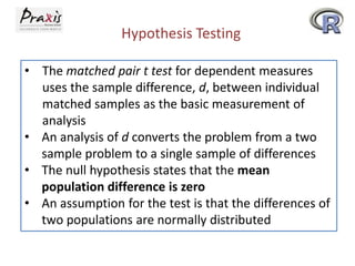 Hypothesis Testing
• The matched pair t test for dependent measures
uses the sample difference, d, between individual
matched samples as the basic measurement of
analysis
• An analysis of d converts the problem from a two
sample problem to a single sample of differences
• The null hypothesis states that the mean
population difference is zero
• An assumption for the test is that the differences of
two populations are normally distributed

 