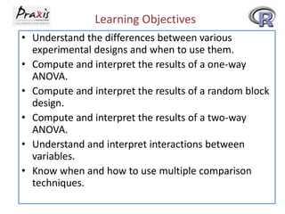 Learning Objectives
• Understand the differences between various
experimental designs and when to use them.
• Compute and interpret the results of a one-way
ANOVA.
• Compute and interpret the results of a random block
design.
• Compute and interpret the results of a two-way
ANOVA.
• Understand and interpret interactions between
variables.
• Know when and how to use multiple comparison
techniques.

 