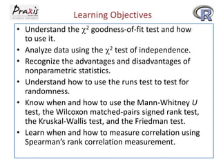 Learning Objectives
• Understand the 2 goodness-of-fit test and how
to use it.
• Analyze data using the 2 test of independence.
• Recognize the advantages and disadvantages of
nonparametric statistics.
• Understand how to use the runs test to test for
randomness.
• Know when and how to use the Mann-Whitney U
test, the Wilcoxon matched-pairs signed rank test,
the Kruskal-Wallis test, and the Friedman test.
• Learn when and how to measure correlation using
Spearman’s rank correlation measurement.

 