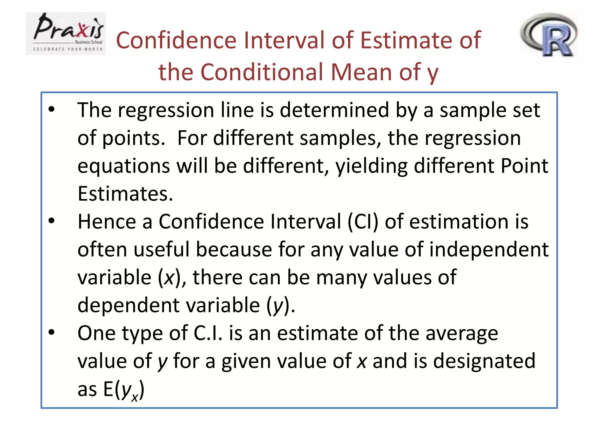 Confidence Interval of Estimate of
the Conditional Mean of y
• The regression line is determined by a sample set
of points. For different samples, the regression
equations will be different, yielding different Point
Estimates.
• Hence a Confidence Interval (CI) of estimation is
often useful because for any value of independent
variable (x), there can be many values of
dependent variable (y).
• One type of C.I. is an estimate of the average
value of y for a given value of x and is designated
as E(yx)
 
