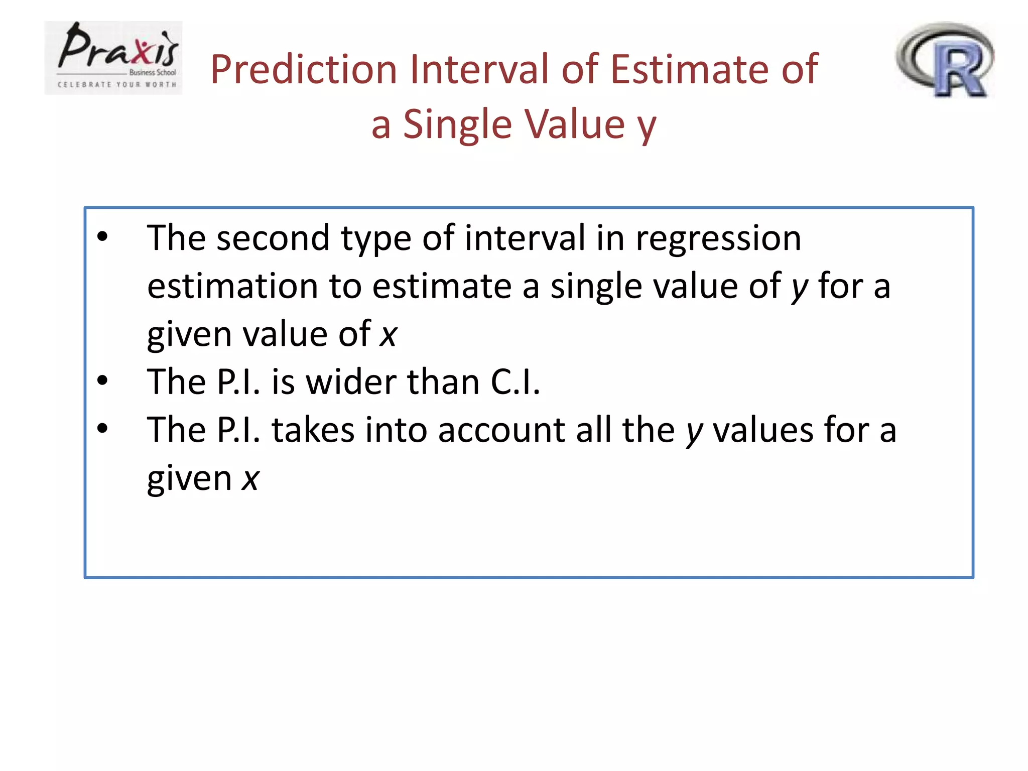 Prediction Interval of Estimate of
a Single Value y
• The second type of interval in regression
estimation to estimate a single value of y for a
given value of x
• The P.I. is wider than C.I.
• The P.I. takes into account all the y values for a
given x
 