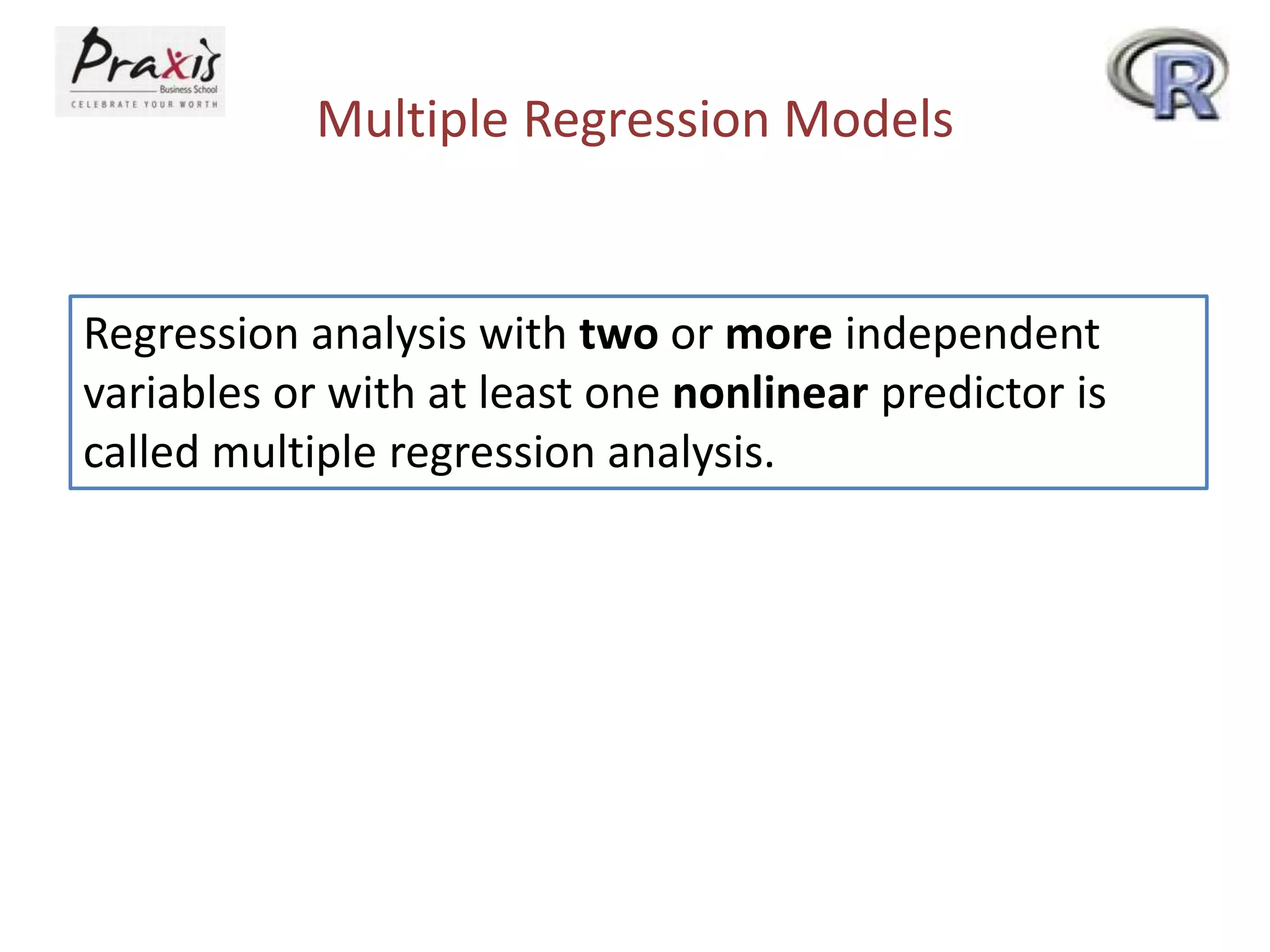 Multiple Regression Models
Regression analysis with two or more independent
variables or with at least one nonlinear predictor is
called multiple regression analysis.
 