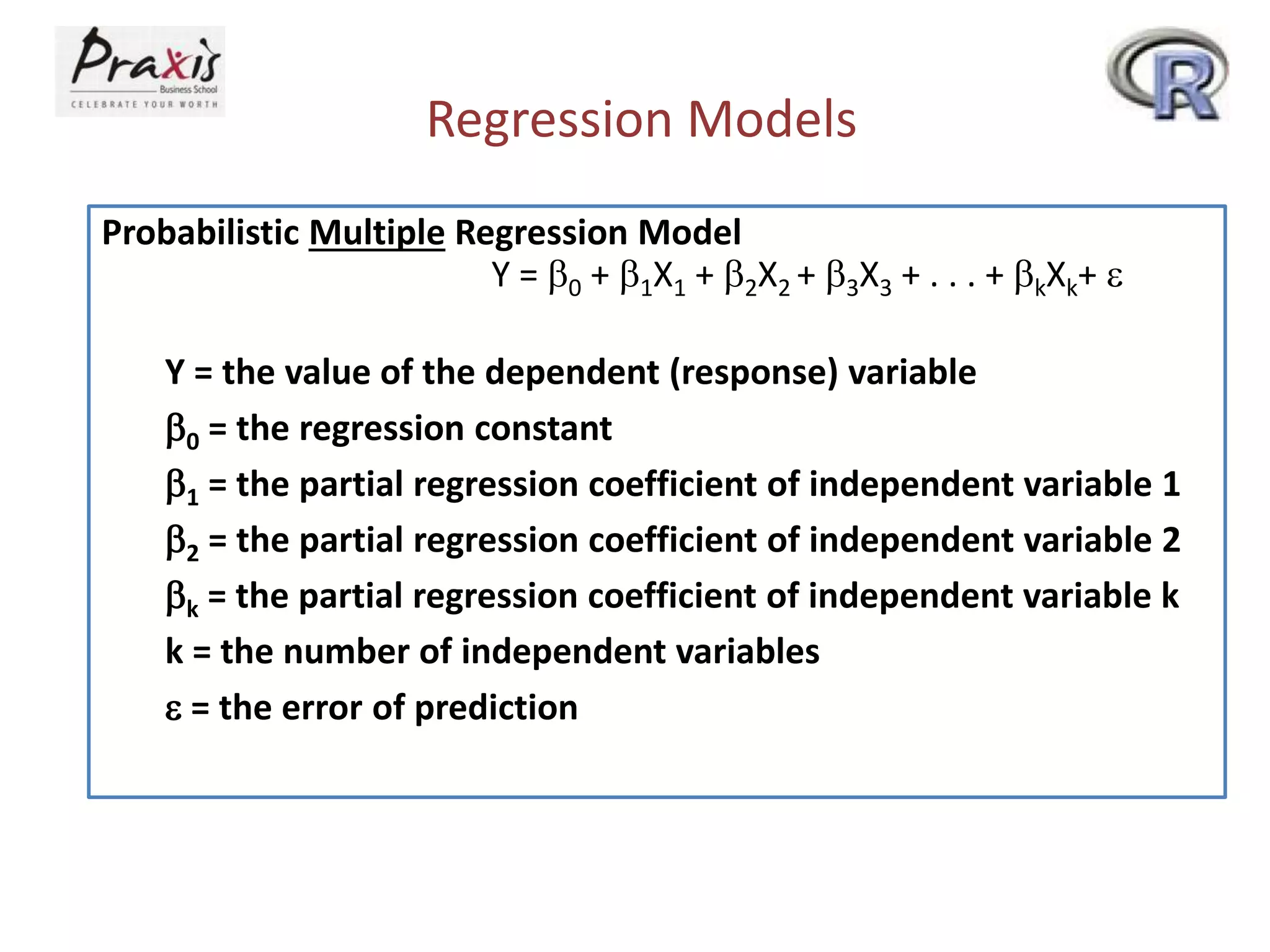 Regression Models
Probabilistic Multiple Regression Model
Y = 0 + 1X1 + 2X2 + 3X3 + . . . + kXk+ 
Y = the value of the dependent (response) variable
0 = the regression constant
1 = the partial regression coefficient of independent variable 1
2 = the partial regression coefficient of independent variable 2
k = the partial regression coefficient of independent variable k
k = the number of independent variables
 = the error of prediction
 