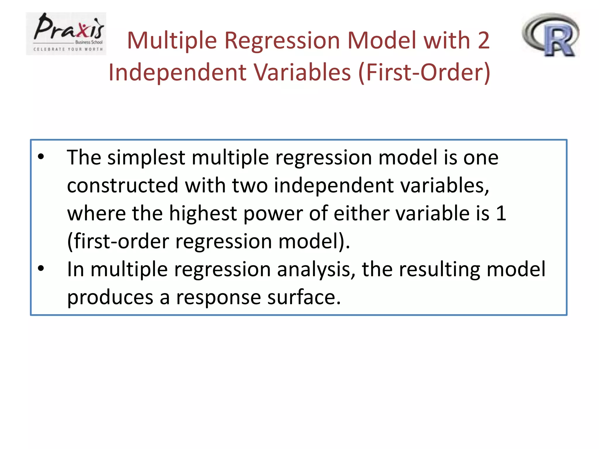 Multiple Regression Model with 2
Independent Variables (First-Order)
• The simplest multiple regression model is one
constructed with two independent variables,
where the highest power of either variable is 1
(first-order regression model).
• In multiple regression analysis, the resulting model
produces a response surface.
 