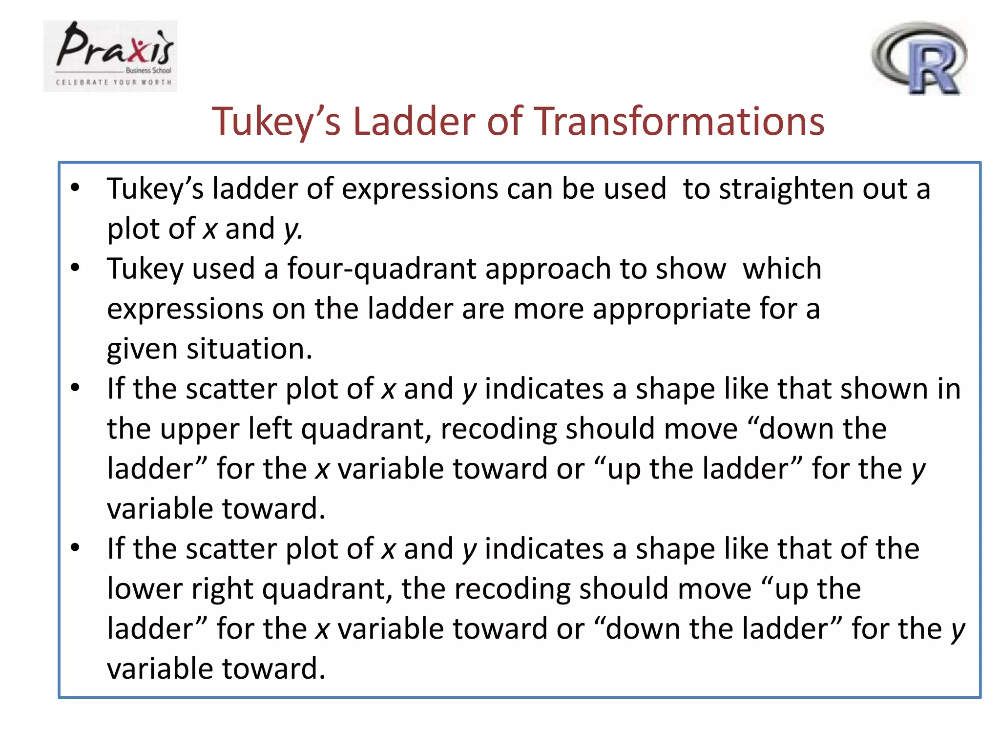 Tukey’s Ladder of Transformations
• Tukey’s ladder of expressions can be used to straighten out a
plot of x and y.
• Tukey used a four-quadrant approach to show which
expressions on the ladder are more appropriate for a
given situation.
• If the scatter plot of x and y indicates a shape like that shown in
the upper left quadrant, recoding should move “down the
ladder” for the x variable toward or “up the ladder” for the y
variable toward.
• If the scatter plot of x and y indicates a shape like that of the
lower right quadrant, the recoding should move “up the
ladder” for the x variable toward or “down the ladder” for the y
variable toward.
 