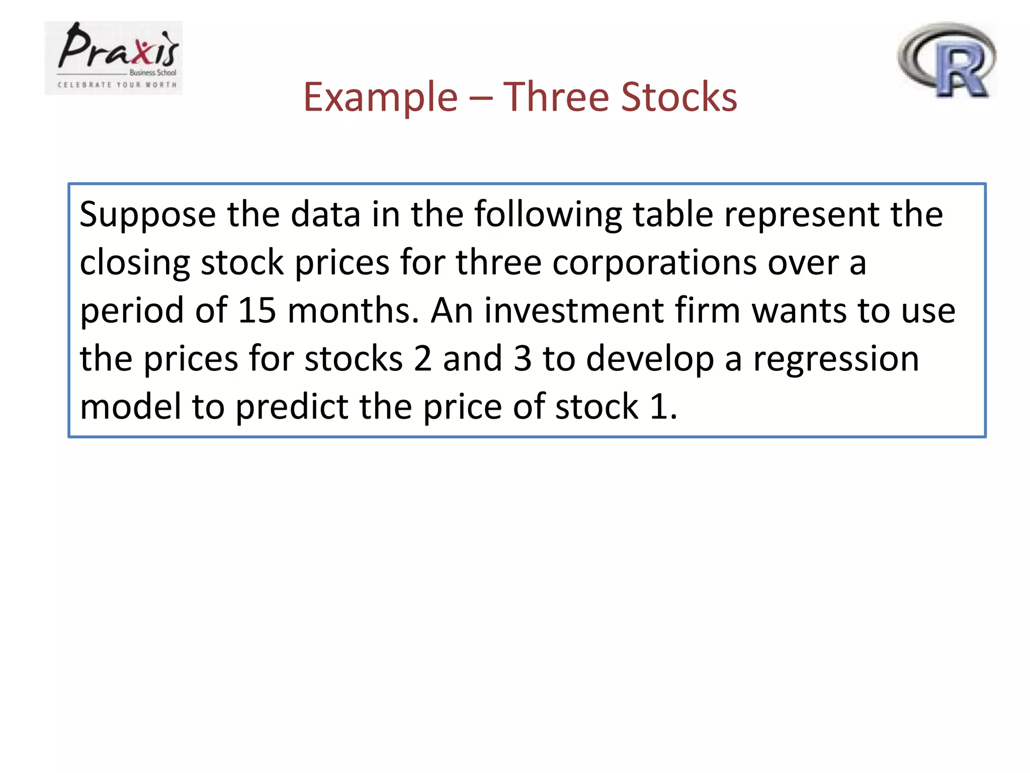 Example – Three Stocks
Suppose the data in the following table represent the
closing stock prices for three corporations over a
period of 15 months. An investment firm wants to use
the prices for stocks 2 and 3 to develop a regression
model to predict the price of stock 1.
 