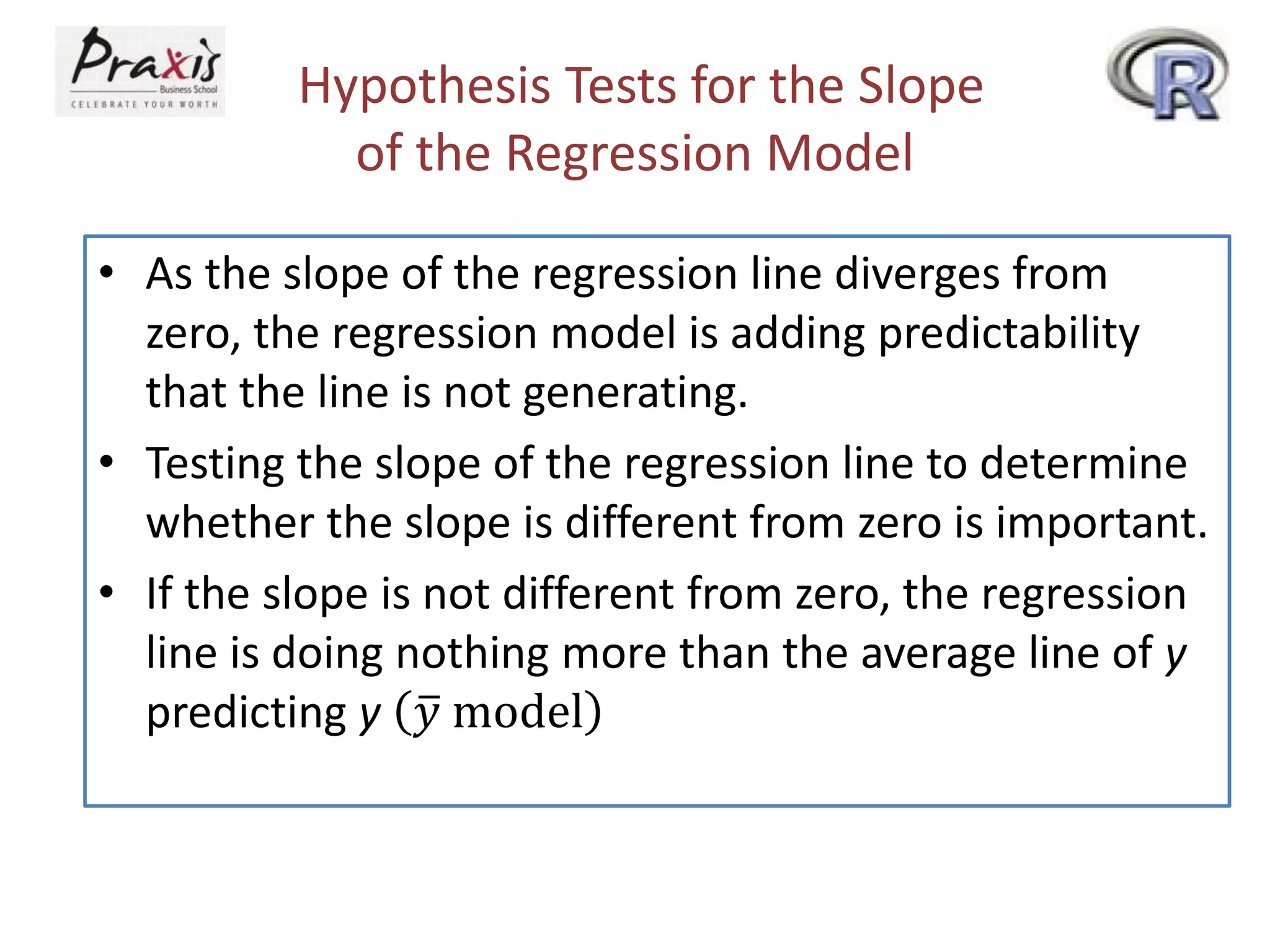 Hypothesis Tests for the Slope
of the Regression Model
• As the slope of the regression line diverges from
zero, the regression model is adding predictability
that the line is not generating.
• Testing the slope of the regression line to determine
whether the slope is different from zero is important.
• If the slope is not different from zero, the regression
line is doing nothing more than the average line of y
predicting y 𝑦 model
 