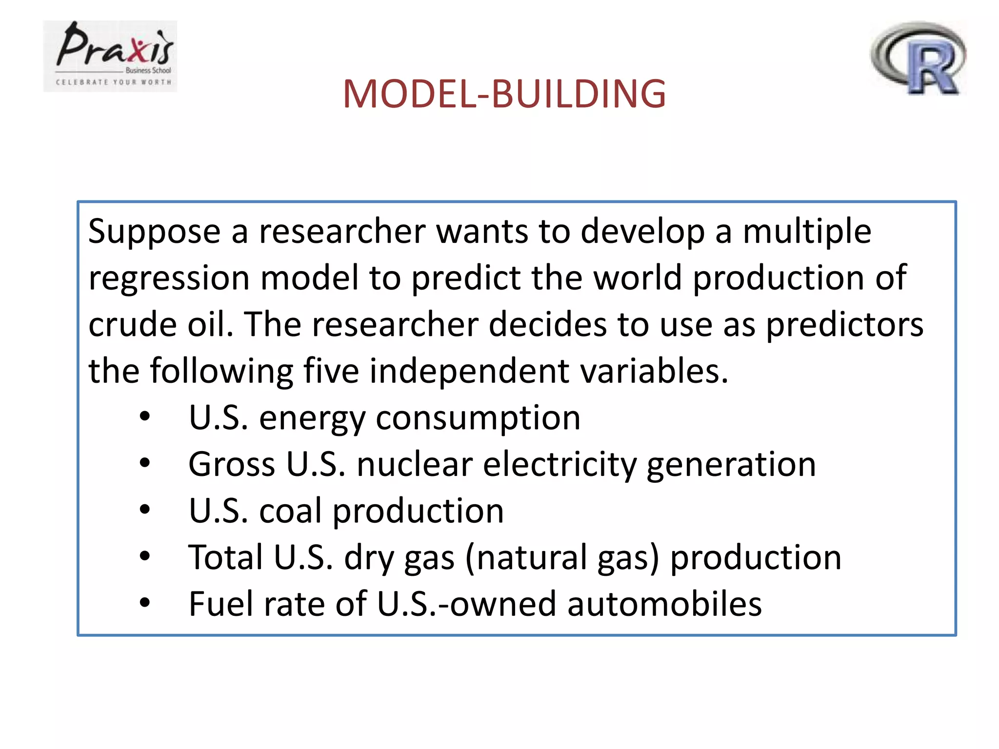MODEL-BUILDING
Suppose a researcher wants to develop a multiple
regression model to predict the world production of
crude oil. The researcher decides to use as predictors
the following five independent variables.
• U.S. energy consumption
• Gross U.S. nuclear electricity generation
• U.S. coal production
• Total U.S. dry gas (natural gas) production
• Fuel rate of U.S.-owned automobiles
 