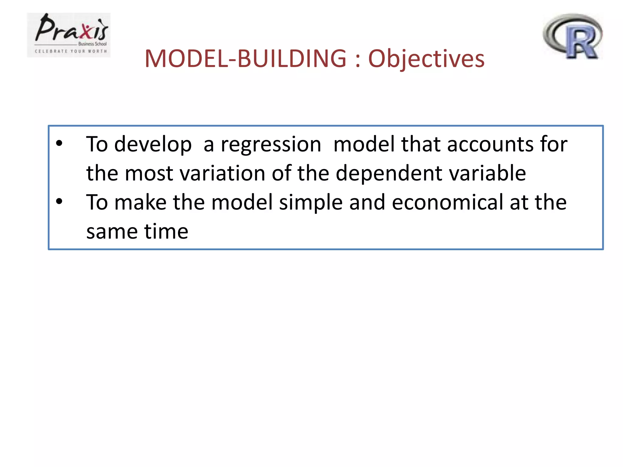 MODEL-BUILDING : Objectives
• To develop a regression model that accounts for
the most variation of the dependent variable
• To make the model simple and economical at the
same time
 