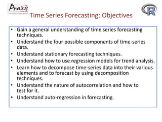 Time Series Forecasting: Objectives
• Gain a general understanding of time series forecasting
techniques.
• Understand the four possible components of time-series
data.
• Understand stationary forecasting techniques.
• Understand how to use regression models for trend analysis.
• Learn how to decompose time-series data into their various
elements and to forecast by using decomposition
techniques.
• Understand the nature of autocorrelation and how to
test for it.
• Understand auto-regression in forecasting.
 