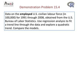 Demonstration Problem 15.4
Data on the employed U.S. civilian labour force (in
100,000) for 1991 through 2008, obtained from the U.S.
Bureau of Labor Statistics. Use regression analysis to fit
a trend line through the data and explore a quadratic
trend. Compare the models.
 