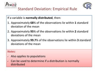 Standard Deviation: Empirical Rule
If a variable is normally distributed, then:
1. Approximately 68% of the observations lie within 1 standard
deviation of the mean
2. Approximately 95% of the observations lie within 2 standard
deviations of the mean
3. Approximately 99.7% of the observations lie within 3 standard
deviations of the mean
Notes:
 Also applies to populations


Can be used to determine if a distribution is normally
distributed

 