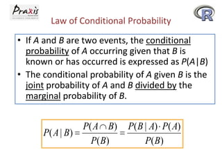 Law of Conditional Probability
• If A and B are two events, the conditional
probability of A occurring given that B is
known or has occurred is expressed as P(A|B)
• The conditional probability of A given B is the
joint probability of A and B divided by the
marginal probability of B.

P( A B)
P( A | B)
P( B)

P( B | A) P( A)
P( B)

 