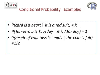 Conditional Probability : Examples
• P(card is a heart | it is a red suit) = ½
• P(Tomorrow is Tuesday | it is Monday) = 1
• P(result of coin toss is heads | the coin is fair)
=1/2

 
