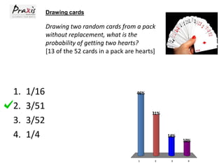 Drawing cards

Drawing two random cards from a pack
without replacement, what is the
probability of getting two hearts?
[13 of the 52 cards in a pack are hearts]

1.
2.
3.
4.

1/16
3/51
3/52
1/4

46%

31%

14%

1

2

3

10%

4

 