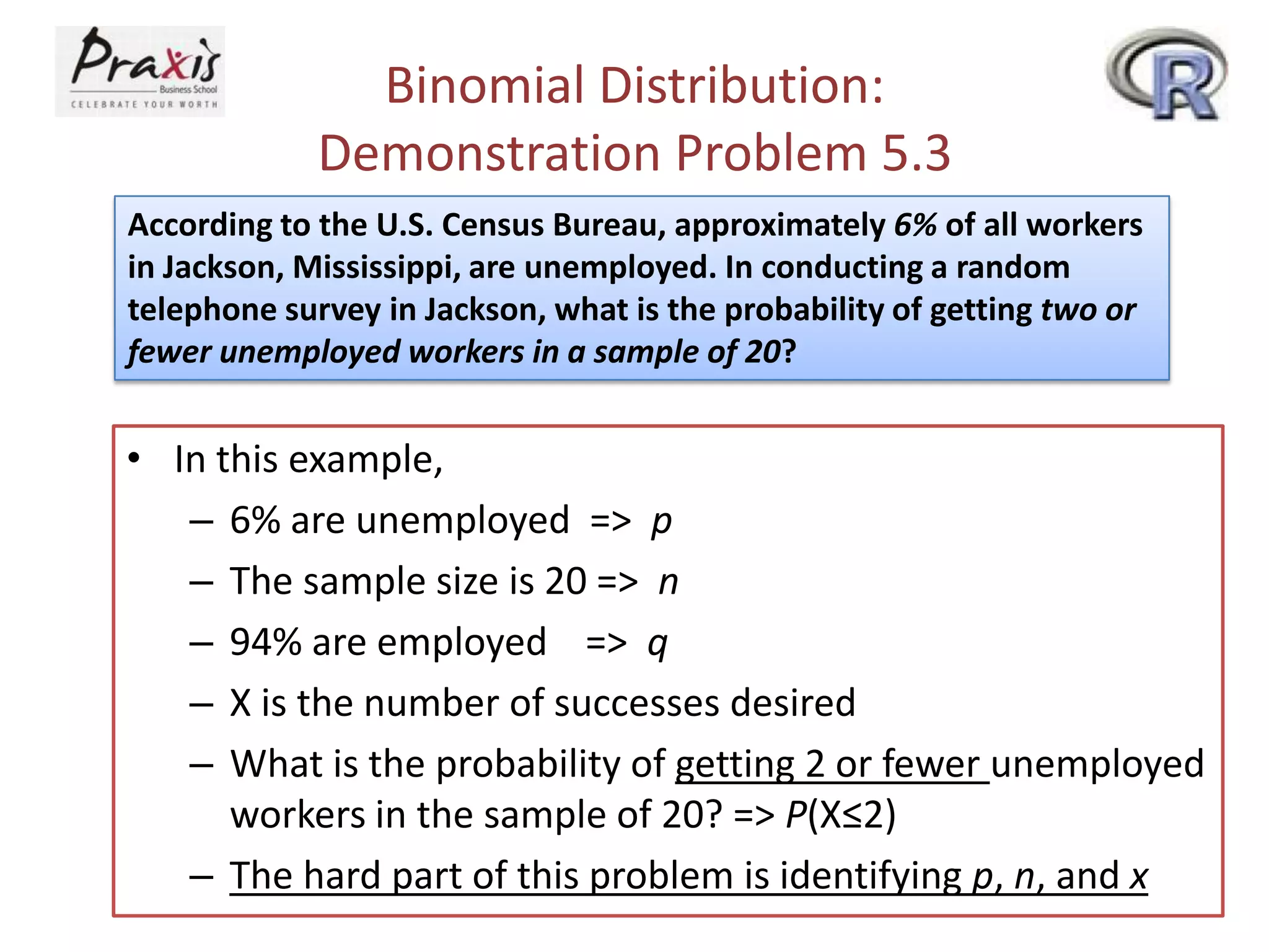 Binomial Distribution:
Demonstration Problem 5.3
According to the U.S. Census Bureau, approximately 6% of all workers
in Jackson, Mississippi, are unemployed. In conducting a random
telephone survey in Jackson, what is the probability of getting two or
fewer unemployed workers in a sample of 20?

• In this example,
– 6% are unemployed => p
– The sample size is 20 => n
– 94% are employed => q
– X is the number of successes desired
– What is the probability of getting 2 or fewer unemployed
workers in the sample of 20? => P(X≤2)
– The hard part of this problem is identifying p, n, and x

 