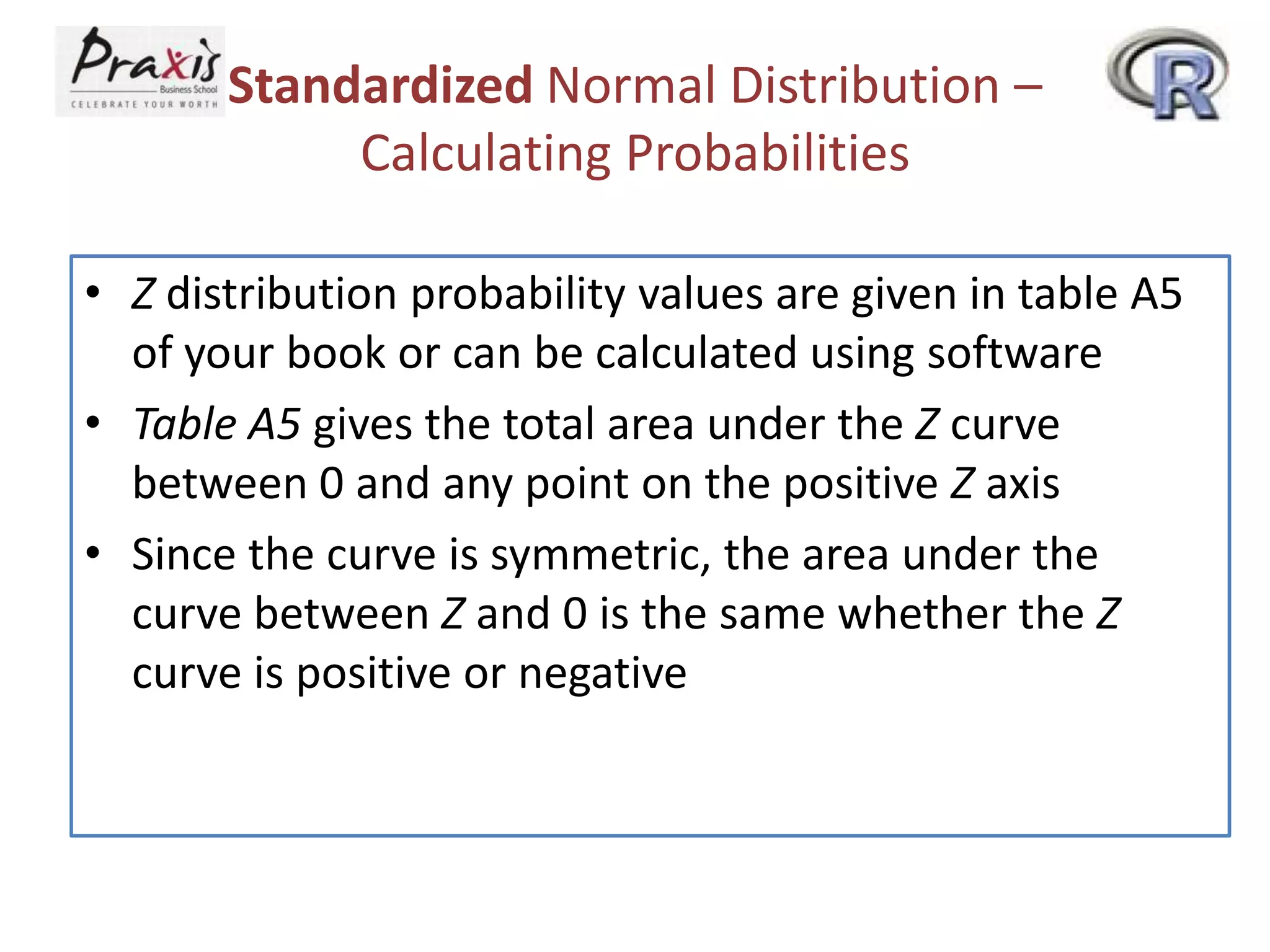 Standardized Normal Distribution –
Calculating Probabilities
• Z distribution probability values are given in table A5
of your book or can be calculated using software
• Table A5 gives the total area under the Z curve
between 0 and any point on the positive Z axis
• Since the curve is symmetric, the area under the
curve between Z and 0 is the same whether the Z
curve is positive or negative

 