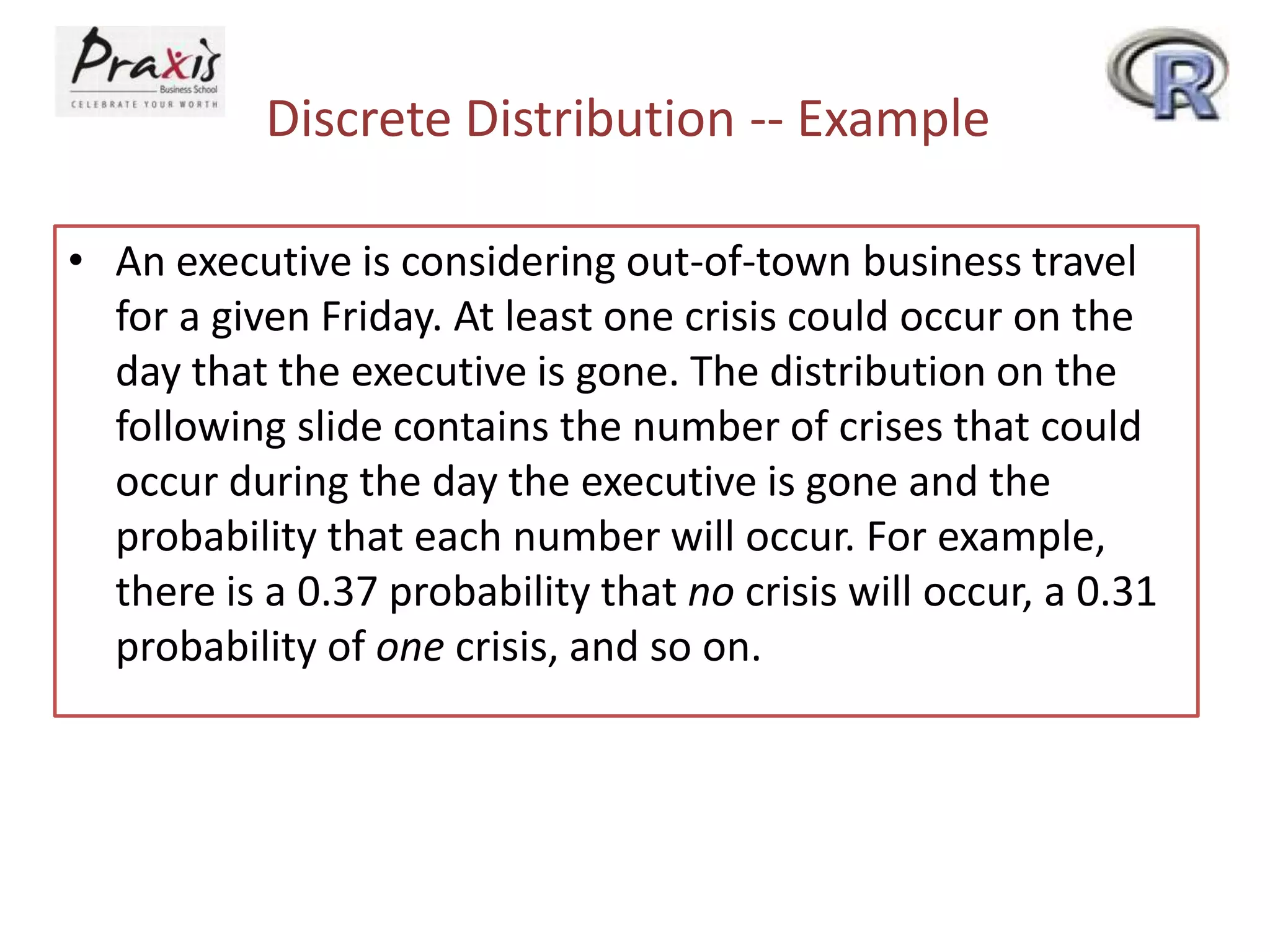 Discrete Distribution -- Example
• An executive is considering out-of-town business travel
for a given Friday. At least one crisis could occur on the
day that the executive is gone. The distribution on the
following slide contains the number of crises that could
occur during the day the executive is gone and the
probability that each number will occur. For example,
there is a 0.37 probability that no crisis will occur, a 0.31
probability of one crisis, and so on.

 