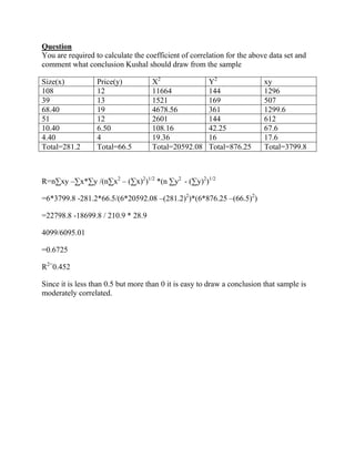 Question
You are required to calculate the coefficient of correlation for the above data set and
comment what conclusion Kushal should draw from the sample

Size(x)           Price(y)          X2                 Y2                 xy
108               12                11664              144                1296
39                13                1521               169                507
68.40             19                4678.56            361                1299.6
51                12                2601               144                612
10.40             6.50              108.16             42.25              67.6
4.40              4                 19.36              16                 17.6
Total=281.2       Total=66.5        Total=20592.08     Total=876.25       Total=3799.8



R=n∑xy –∑x*∑y /(n∑x2 – (∑x)2)1/2 *(n ∑y2 - (∑y)2)1/2

=6*3799.8 -281.2*66.5/(6*20592.08 –(281.2)2)*(6*876.25 –(66.5)2)

=22798.8 -18699.8 / 210.9 * 28.9

4099/6095.01

=0.6725

R2=0.452

Since it is less than 0.5 but more than 0 it is easy to draw a conclusion that sample is
moderately correlated.
 