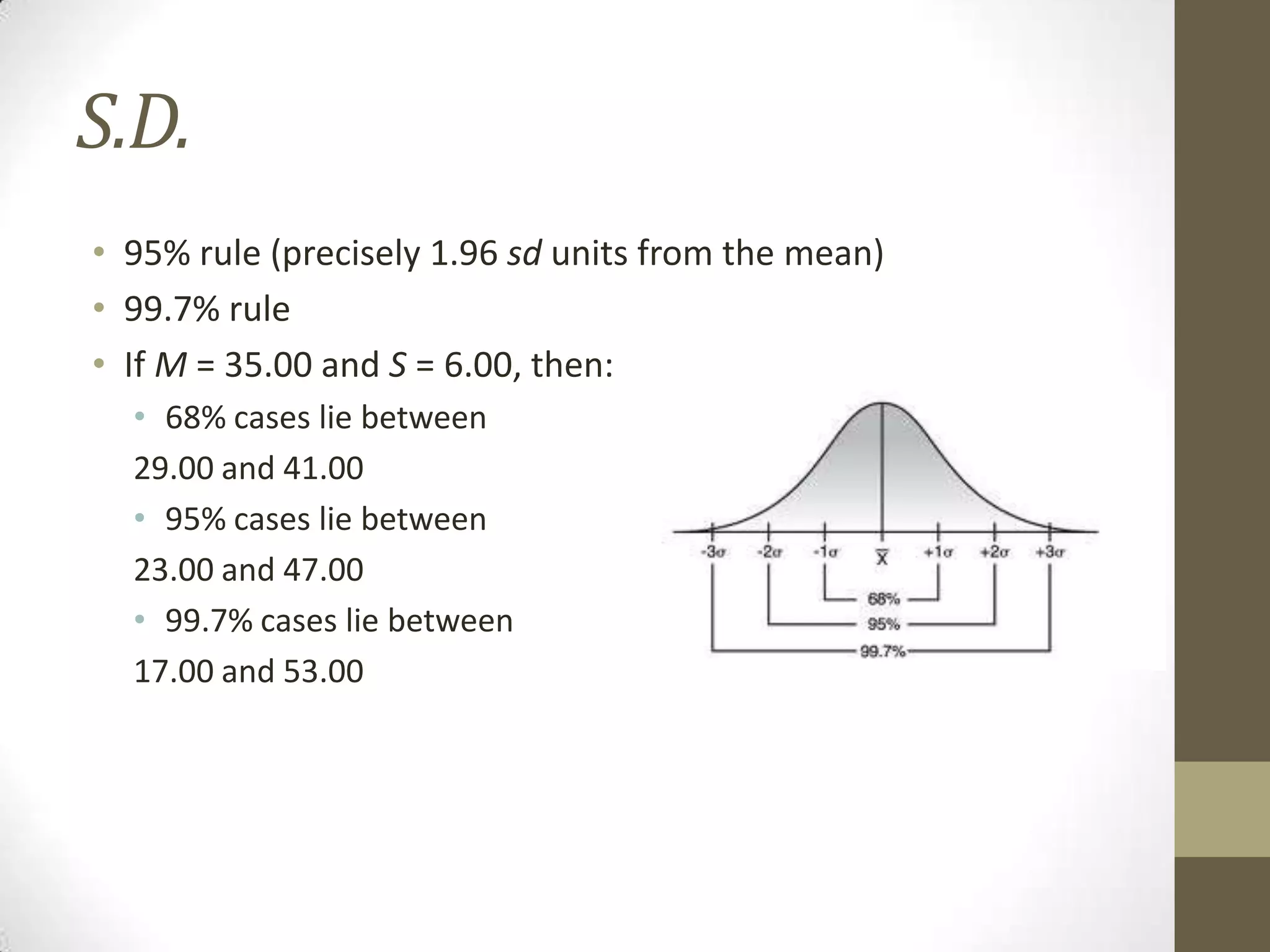 S.D.
• 95% rule (precisely 1.96 sd units from the mean)
• 99.7% rule
• If M = 35.00 and S = 6.00, then:
• 68% cases lie between
29.00 and 41.00
• 95% cases lie between
23.00 and 47.00
• 99.7% cases lie between
17.00 and 53.00
 