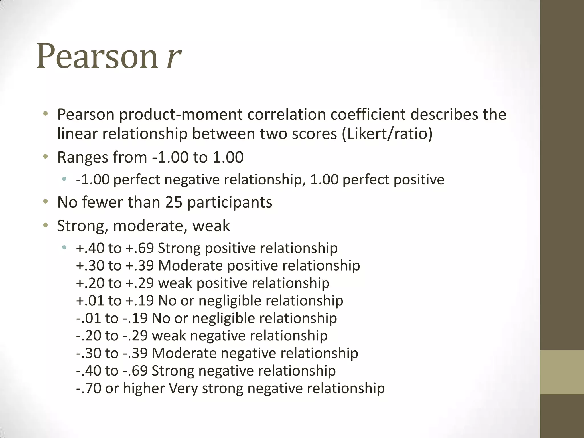 Pearson r
• Pearson product-moment correlation coefficient describes the
linear relationship between two scores (Likert/ratio)
• Ranges from -1.00 to 1.00
• -1.00 perfect negative relationship, 1.00 perfect positive
• No fewer than 25 participants
• Strong, moderate, weak
• +.40 to +.69 Strong positive relationship
+.30 to +.39 Moderate positive relationship
+.20 to +.29 weak positive relationship
+.01 to +.19 No or negligible relationship
-.01 to -.19 No or negligible relationship
-.20 to -.29 weak negative relationship
-.30 to -.39 Moderate negative relationship
-.40 to -.69 Strong negative relationship
-.70 or higher Very strong negative relationship
 
