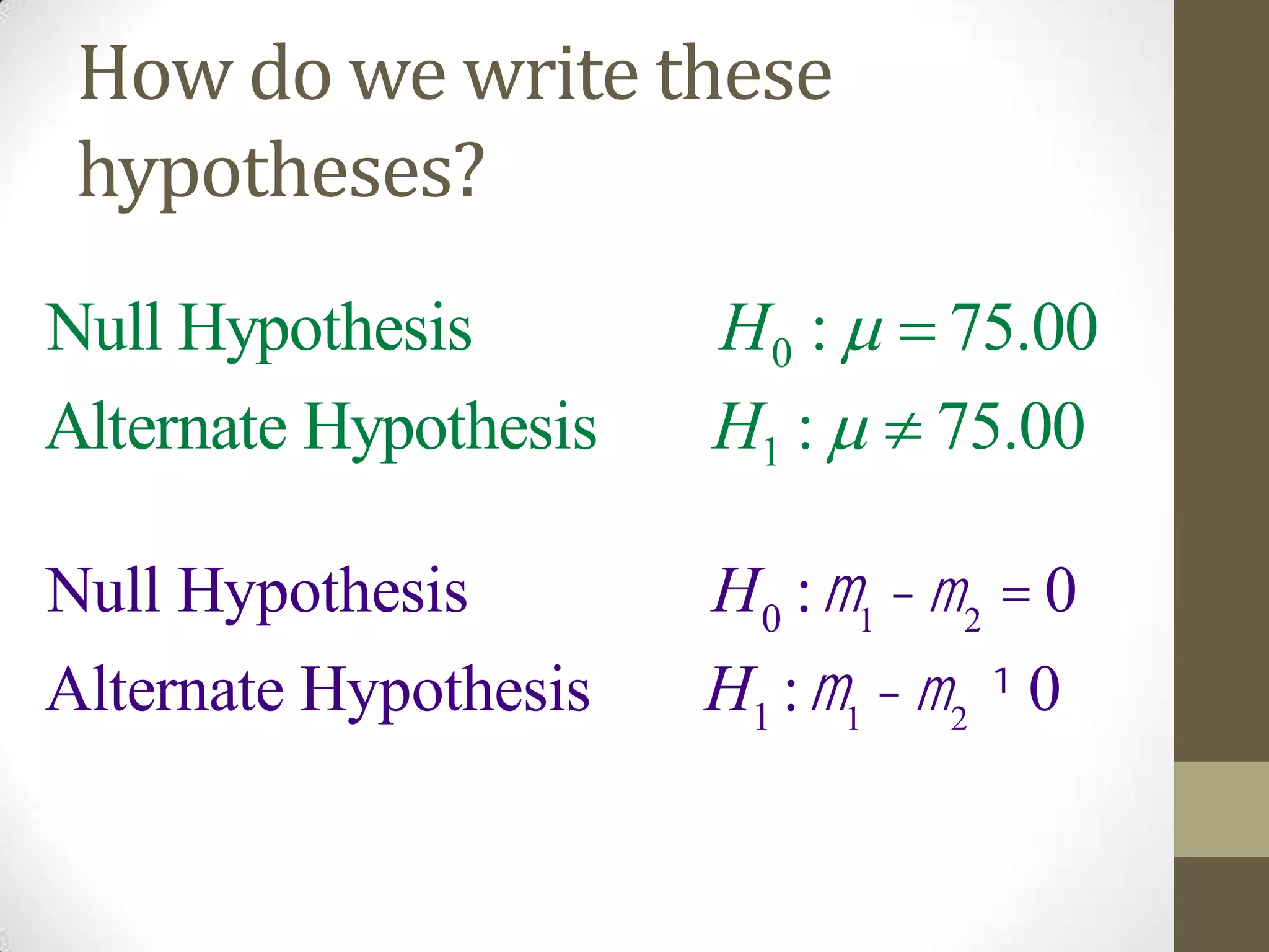 How do we write these
hypotheses?
0
1
Null Hypothesis : 75.00
Alternate Hypothesis : 75.00
H
H




Null Hypothesis H0 :m1
-m2
= 0
Alternate Hypothesis H1 :m1
-m2
¹ 0
 