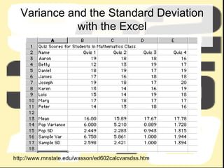 Variance and the Standard Deviation with the Excel http://www.mnstate.edu/wasson/ed602calcvarsdss.htm 