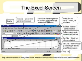 The Excel Screen http://www.mirrorservice.org/sites/home.ubalt.edu/ntsbarsh/Business-stat/excel/excel.htm#rintro 