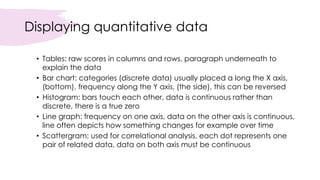 Displaying quantitative data
• Tables: raw scores in columns and rows, paragraph underneath to
explain the data
• Bar chart: categories (discrete data) usually placed a long the X axis,
(bottom), frequency along the Y axis, (the side), this can be reversed
• Histogram: bars touch each other, data is continuous rather than
discrete, there is a true zero
• Line graph: frequency on one axis, data on the other axis is continuous,
line often depicts how something changes for example over time
• Scattergram: used for correlational analysis, each dot represents one
pair of related data, data on both axis must be continuous
 