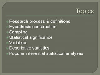 Research process & definitions
Hypothesis construction
Sampling
Statistical significance
Variables
Descriptive statistics
Popular inferential statistical analyses
 