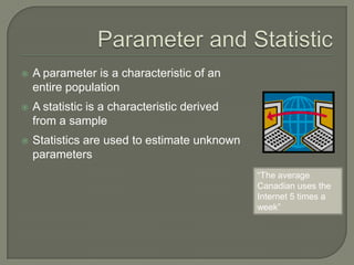  A parameter is a characteristic of an
entire population
 A statistic is a characteristic derived
from a sample
 Statistics are used to estimate unknown
parameters
“The average
Canadian uses the
Internet 5 times a
week”
 