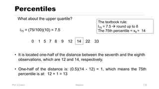 Prof. H.Castro Statistics 1.24
Percentiles
What about the upper quartile?
i75 = (75/100)(10) = 7.5
0 1 5 7 8 9 12 14 22 33
• It is located one-half of the distance between the seventh and the eighth
observations, which are 12 and 14, respectively.
• One-half of the distance is: (0.5)(14 - 12) = 1, which means the 75th
percentile is at: 12 + 1 = 13
The textbook rule:
I75 = 7.5 à round up to 8
The 75th percentile = x8 = 14
 