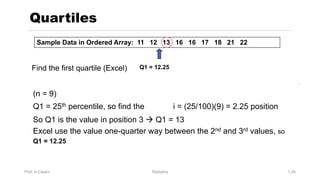 Prof. H.Castro Statistics 1.26
Quartiles
(n = 9)
Q1 = 25th percentile, so find the i = (25/100)(9) = 2.25 position
So Q1 is the value in position 3 à Q1 = 13
Excel use the value one-quarter way between the 2nd and 3rd values, so
Q1 = 12.25
Sample Data in Ordered Array: 11 12 13 16 16 17 18 21 22
Find the first quartile (Excel) Q1 = 12.25
 