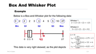 Below is a Box-and-Whisker plot for the following data:
0 2 2 2 3 3 4 5 5 10 27
This data is very right skewed, as the plot depicts
Prof. H.Castro Statistics 1.31
Box And Whisker Plot
Example
0 2 3 5 27
Min Q1 Q2 Q3 Max
Whisker 1
2 − 1.5 ∗ 5 − 2 = −2.5
Whisker 2
5 + 1.5 ∗ 5 − 2 = 9.5
n = 11
𝑖!" =
25
100
11 = 2.75 ≈ 3
𝑖"# =
50
100
11 = 5.5 ≈ 6
𝑖$" =
75
100
11 = 8.25 ≈ 9
 