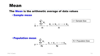 Prof. H.Castro Statistics 1.5
Mean
N
x
x
x
N
x
N
N
i
i
+
+
+
=
=
µ
å
= !
2
1
1
n
x
x
x
n
x
x n
n
i
i
+
+
+
=
=
å
= !
2
1
1
The Mean is the arithmetic average of data values
• Sample mean
• Population mean
n = Sample Size
N = Population Size
 