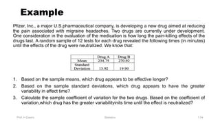 Prof. H.Castro Statistics 1.54
Example
Pfizer, Inc., a major U.S.pharmaceutical company, is developing a new drug aimed at reducing
the pain associated with migraine headaches. Two drugs are currently under development.
One consideration in the evaluation of the medication is how long the pain-killing effects of the
drugs last. A random sample of 12 tests for each drug revealed the following times (in minutes)
until the effects of the drug were neutralized. We know that:
1. Based on the sample means, which drug appears to be effective longer?
2. Based on the sample standard deviations, which drug appears to have the greater
variability in effect time?
3. Calculate the sample coefficient of variation for the two drugs. Based on the coefficient of
variation,which drug has the greater variabilityinits time until the effect is neutralized?
 