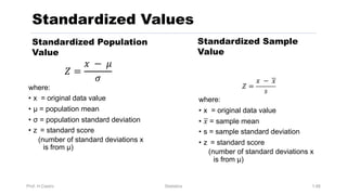 Prof. H.Castro Statistics 1.66
Standardized Values
𝑍 =
𝑥 − 𝜇
𝜎
where:
• x = original data value
• μ = population mean
• σ = population standard deviation
• z = standard score
(number of standard deviations x
is from μ)
𝑍 =
𝑥 − 𝑥
𝑠
where:
• x = original data value
• 𝑥 = sample mean
• s = sample standard deviation
• z = standard score
(number of standard deviations x
is from μ)
Standardized Population
Value
Standardized Sample
Value
 