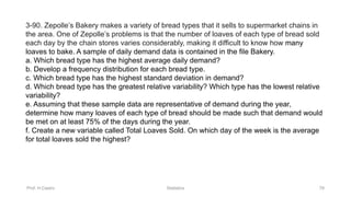 Prof. H.Castro Statistics 79
3-90. Zepolle’s Bakery makes a variety of bread types that it sells to supermarket chains in
the area. One of Zepolle’s problems is that the number of loaves of each type of bread sold
each day by the chain stores varies considerably, making it difficult to know how many
loaves to bake. A sample of daily demand data is contained in the file Bakery.
a. Which bread type has the highest average daily demand?
b. Develop a frequency distribution for each bread type.
c. Which bread type has the highest standard deviation in demand?
d. Which bread type has the greatest relative variability? Which type has the lowest relative
variability?
e. Assuming that these sample data are representative of demand during the year,
determine how many loaves of each type of bread should be made such that demand would
be met on at least 75% of the days during the year.
f. Create a new variable called Total Loaves Sold. On which day of the week is the average
for total loaves sold the highest?
 
