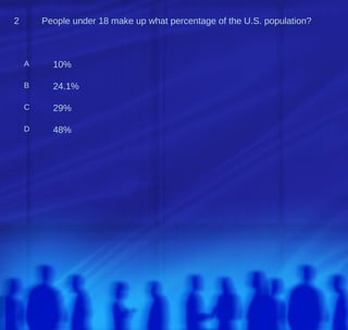 2       People under 18 make up what percentage of the U.S. population?



    A     10%

    B     24.1%

    C     29%

    D     48%
 