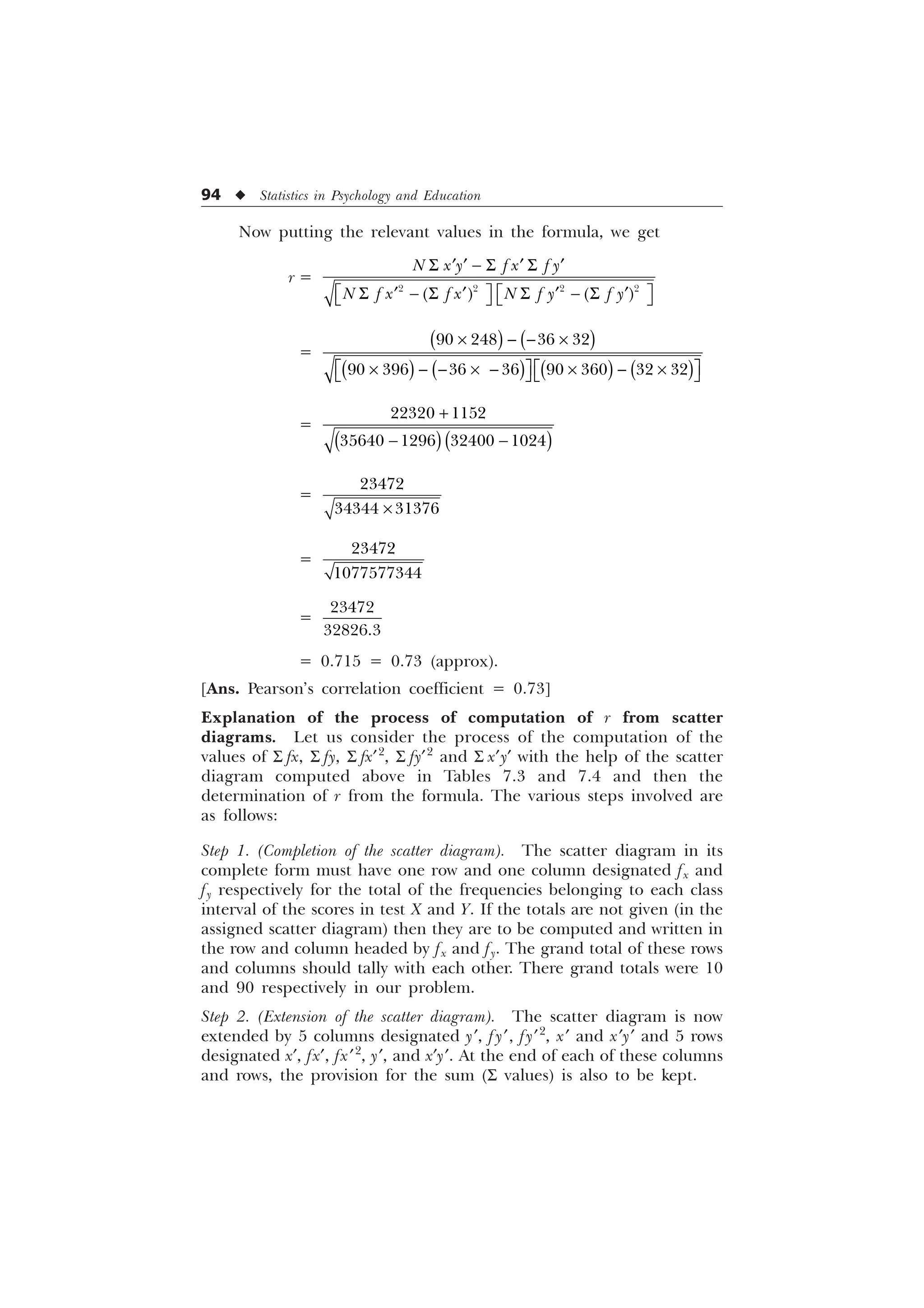 94 u Statistics in Psychology and Education
Now putting the relevant values in the formula, we get
r =
6  6 6
„ „ „ „
Ë Û Ë Û
6  6 6  6
„ „ „ „
Í Ý Í Ý
   
1 [  I [ I 
1 I [ I [ 1 I  I 
=
–   –
Ë ÛË Û
–   –  –  –
Í ÝÍ Ý
   
       
=

 
 
   
=
–

 
=


=


= 0.715 = 0.73 (approx).
[Ans. Pearson’s correlation coefficient = 0.73]
Explanation of the process of computation of r from scatter
diagrams. Let us consider the process of the computation of the
values of S fx, S fy, S fx¢2
, S fy¢2
and S x¢y¢ with the help of the scatter
diagram computed above in Tables 7.3 and 7.4 and then the
determination of r from the formula. The various steps involved are
as follows:
Step 1. (Completion of the scatter diagram). The scatter diagram in its
complete form must have one row and one column designated fx and
fy respectively for the total of the frequencies belonging to each class
interval of the scores in test X and Y. If the totals are not given (in the
assigned scatter diagram) then they are to be computed and written in
the row and column headed by fx and fy. The grand total of these rows
and columns should tally with each other. There grand totals were 10
and 90 respectively in our problem.
Step 2. (Extension of the scatter diagram). The scatter diagram is now
extended by 5 columns designated y¢, f y¢, fy¢2
, x¢ and x¢y¢ and 5 rows
designated x¢, fx¢, fx¢2
, y¢, and x¢y¢. At the end of each of these columns
and rows, the provision for the sum (S values) is also to be kept.
 
