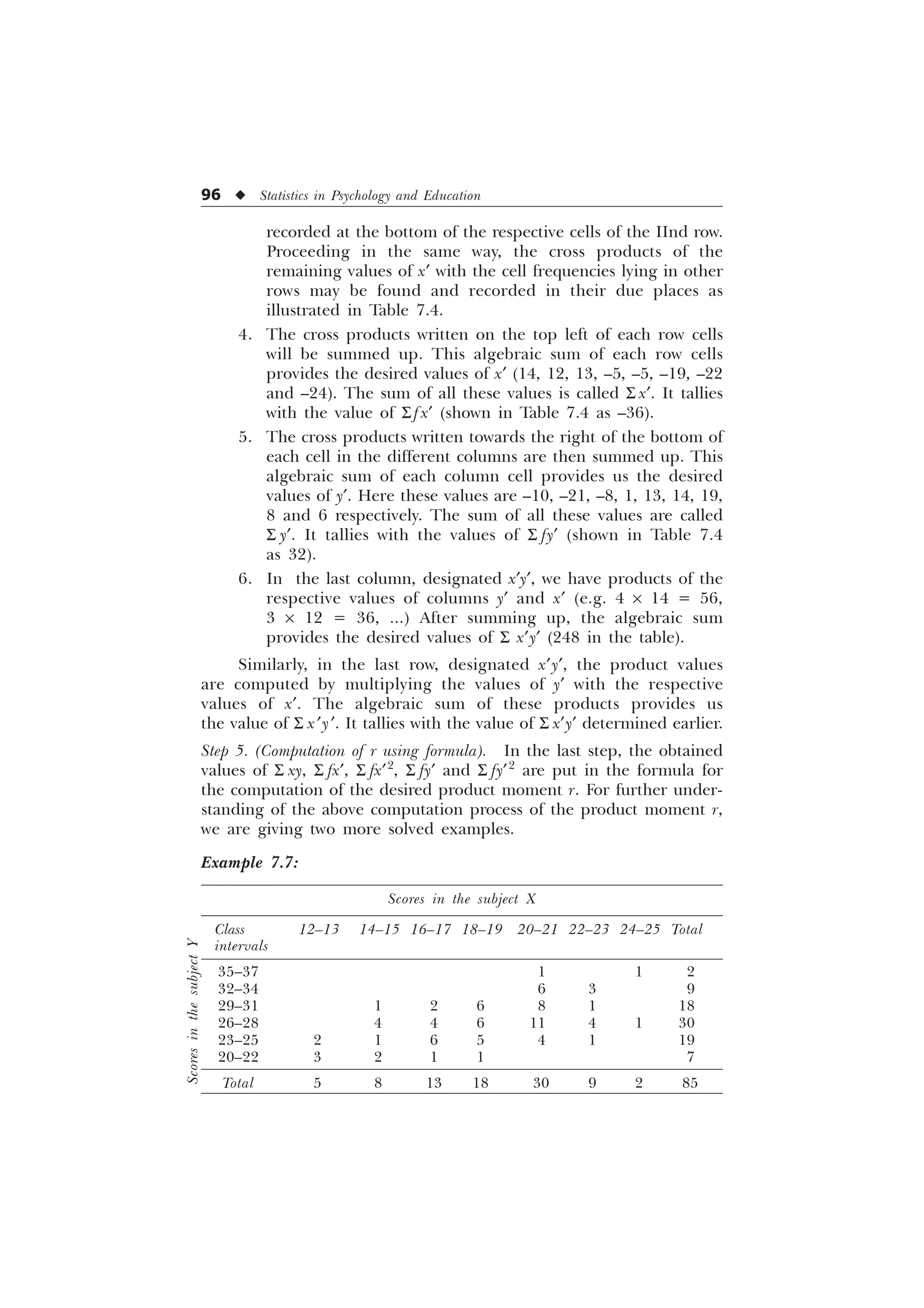 96 u Statistics in Psychology and Education
recorded at the bottom of the respective cells of the IInd row.
Proceeding in the same way, the cross products of the
remaining values of x¢ with the cell frequencies lying in other
rows may be found and recorded in their due places as
illustrated in Table 7.4.
4. The cross products written on the top left of each row cells
will be summed up. This algebraic sum of each row cells
provides the desired values of x¢ (14, 12, 13, –5, –5, –19, –22
and –24). The sum of all these values is called S x¢. It tallies
with the value of S f x¢ (shown in Table 7.4 as –36).
5. The cross products written towards the right of the bottom of
each cell in the different columns are then summed up. This
algebraic sum of each column cell provides us the desired
values of y¢. Here these values are –10, –21, –8, 1, 13, 14, 19,
8 and 6 respectively. The sum of all these values are called
S y¢. It tallies with the values of S fy¢ (shown in Table 7.4
as 32).
6. In the last column, designated x¢y¢, we have products of the
respective values of columns y¢ and x¢ (e.g. 4 ´ 14 = 56,
3 ´ 12 = 36, ...) After summing up, the algebraic sum
provides the desired values of S x¢y¢ (248 in the table).
Similarly, in the last row, designated x¢y¢, the product values
are computed by multiplying the values of y¢ with the respective
values of x¢. The algebraic sum of these products provides us
the value of S x¢y¢. It tallies with the value of S x¢y¢ determined earlier.
Step 5. (Computation of r using formula). In the last step, the obtained
values of S xy, S fx¢, S fx¢2
, S fy¢ and S fy¢2
are put in the formula for
the computation of the desired product moment r. For further under-
standing of the above computation process of the product moment r,
we are giving two more solved examples.
Example 7.7:
Scores in the subject X
Class 12–13 14–15 16–17 18–19 20–21 22–23 24–25 Total
intervals
35–37 1 1 2
32–34 6 3 9
29–31 1 2 6 8 1 18
26–28 4 4 6 11 4 1 30
23–25 2 1 6 5 4 1 19
20–22 3 2 1 1 7
Total 5 8 13 18 30 9 2 85
Scores
in
the
subject
Y
 