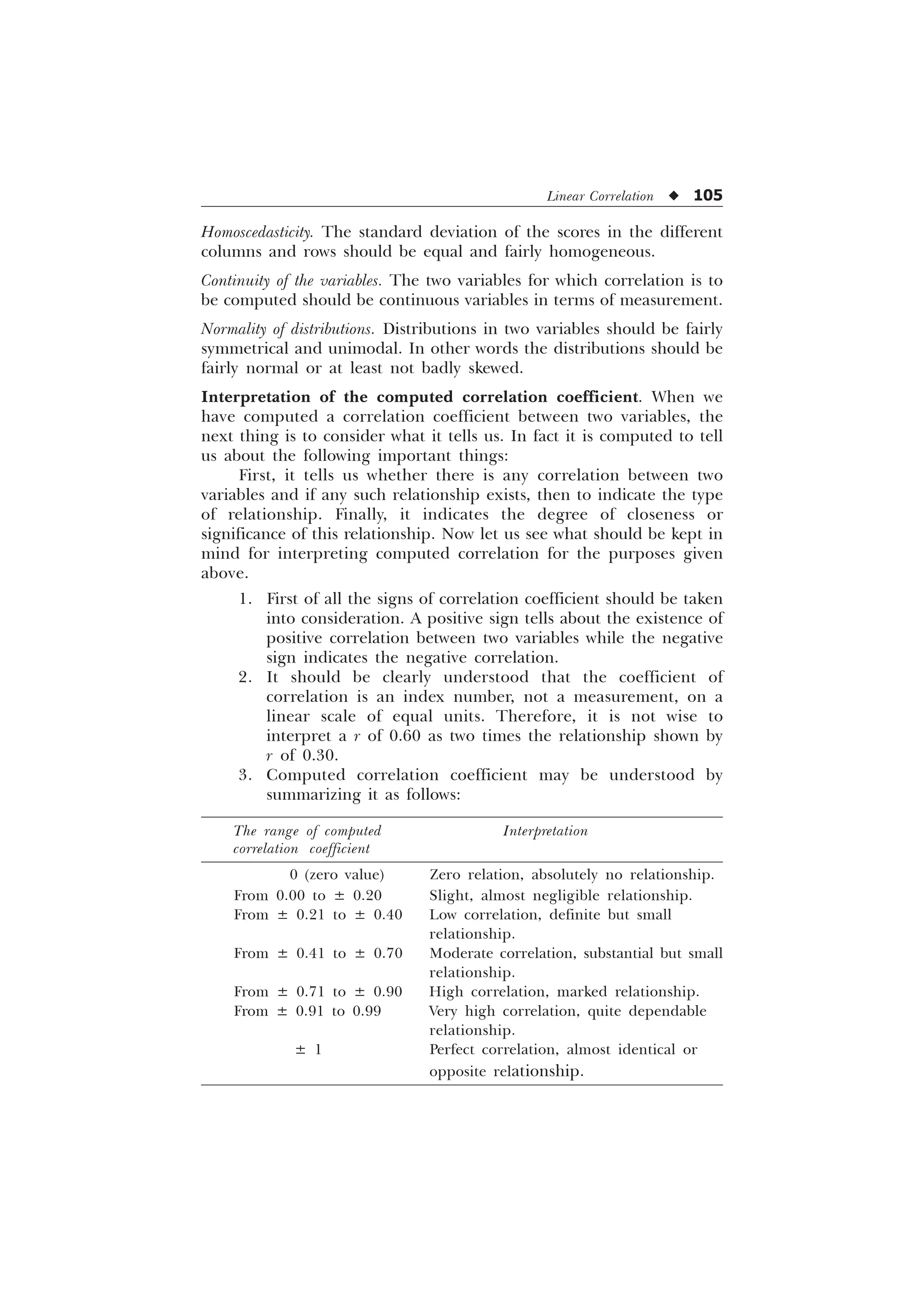 Linear Correlation u 105
Homoscedasticity. The standard deviation of the scores in the different
columns and rows should be equal and fairly homogeneous.
Continuity of the variables. The two variables for which correlation is to
be computed should be continuous variables in terms of measurement.
Normality of distributions. Distributions in two variables should be fairly
symmetrical and unimodal. In other words the distributions should be
fairly normal or at least not badly skewed.
Interpretation of the computed correlation coefficient. When we
have computed a correlation coefficient between two variables, the
next thing is to consider what it tells us. In fact it is computed to tell
us about the following important things:
First, it tells us whether there is any correlation between two
variables and if any such relationship exists, then to indicate the type
of relationship. Finally, it indicates the degree of closeness or
significance of this relationship. Now let us see what should be kept in
mind for interpreting computed correlation for the purposes given
above.
1. First of all the signs of correlation coefficient should be taken
into consideration. A positive sign tells about the existence of
positive correlation between two variables while the negative
sign indicates the negative correlation.
2. It should be clearly understood that the coefficient of
correlation is an index number, not a measurement, on a
linear scale of equal units. Therefore, it is not wise to
interpret a r of 0.60 as two times the relationship shown by
r of 0.30.
3. Computed correlation coefficient may be understood by
summarizing it as follows:
The range of computed Interpretation
correlation coefficient
0 (zero value) Zero relation, absolutely no relationship.
From 0.00 to ± 0.20 Slight, almost negligible relationship.
From ± 0.21 to ± 0.40 Low correlation, definite but small
relationship.
From ± 0.41 to ± 0.70 Moderate correlation, substantial but small
relationship.
From ± 0.71 to ± 0.90 High correlation, marked relationship.
From ± 0.91 to 0.99 Very high correlation, quite dependable
relationship.
± 1 Perfect correlation, almost identical or
opposite relationship.
 